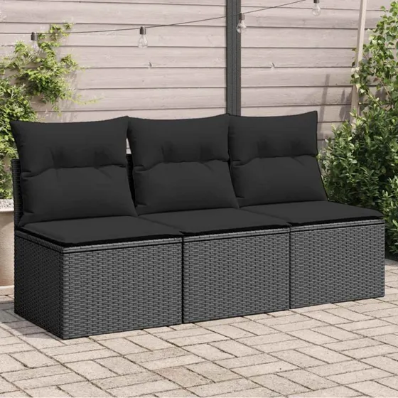 Havesofa 3-personers i sort polyrattan med hynder