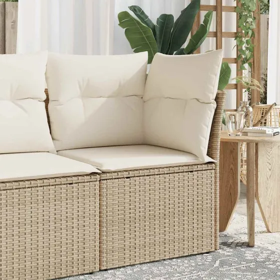 Hjørnemodul til havesofa i beige polyrattan med hynder