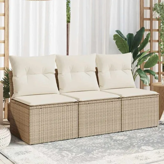 3-personers havesofa i polyrattan med hynder – beige