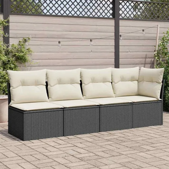 4-personers havesofa i sort polyrattan med hynder