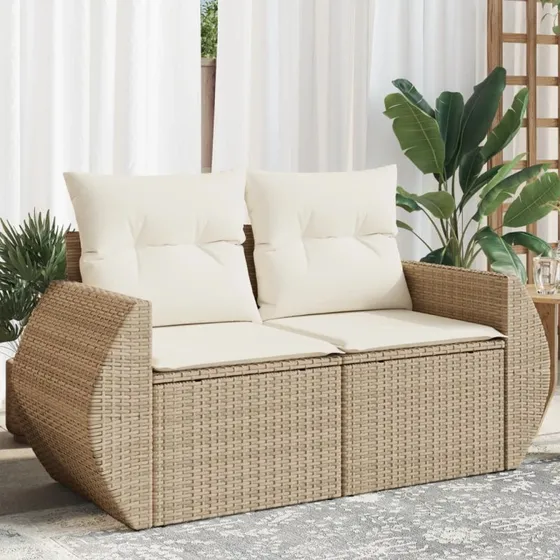 2-personers havesofa i polyrattan med hynder (beige)