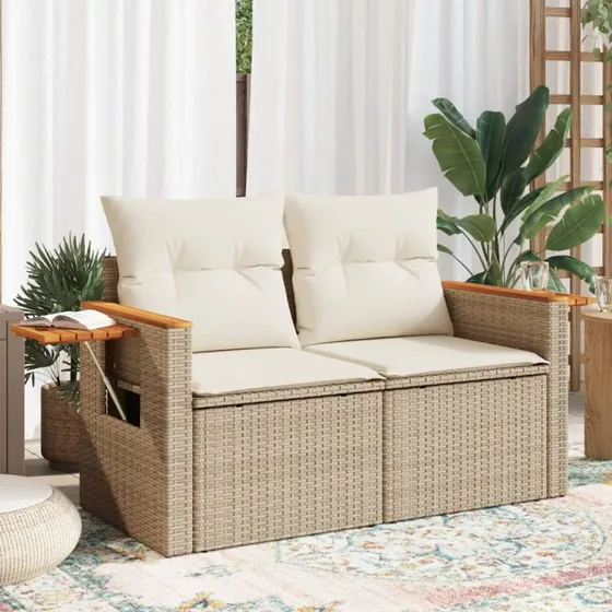 2-personers polyrattan havesofa med hynder og sidebord - beige