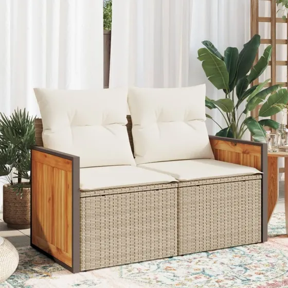 2-personers havesofa i polyrattan med hynder – beige
