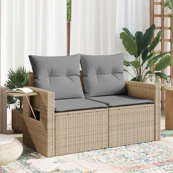 2-personers havesofa i polyrattan med hynder – beige