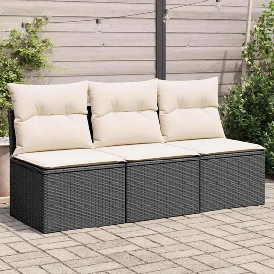 3-personers havesofa i polyrattan med hynder – sort
