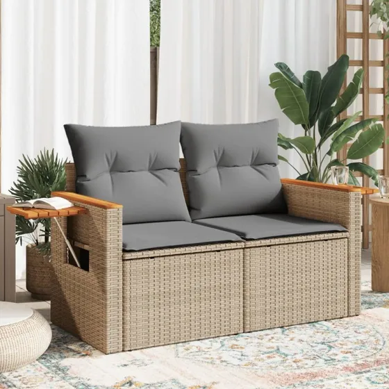2-personers polyrattan havesofa med hynder – beige