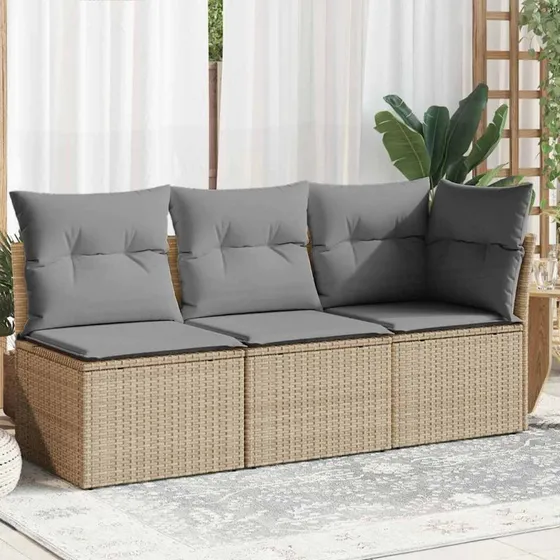 3-personers havesofa i polyrattan med hynder - beige
