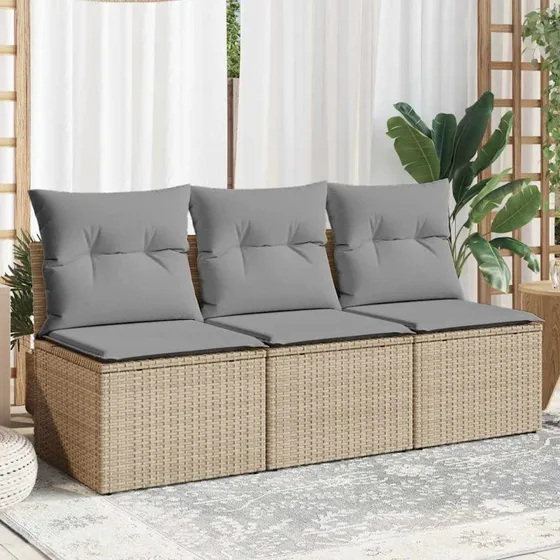 3-personers havesofa i beige polyrattan med hynder
