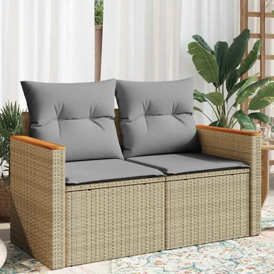 Havesofa 2-personers i polyrattan med hynder - beige