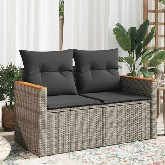 Havesofa til 2 personer i grå polyrattan med hynder