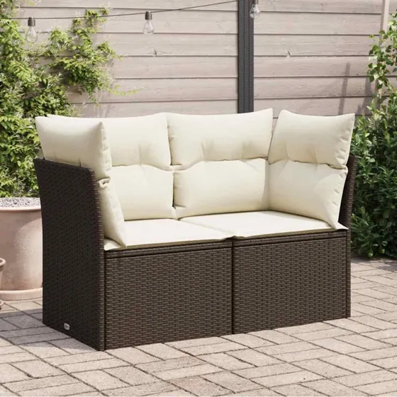 2-personers havesofa i brun polyrattan med hynder
