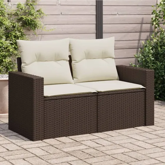 2-personers havesofa i brun polyrattan med hynder