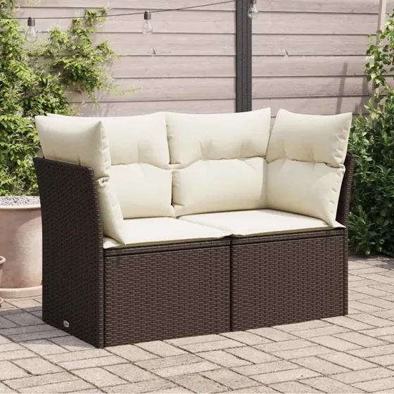 2-personers havesofa i brun polyrattan med hynder