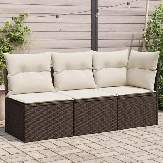3-personers polyrattan havesofa med hynder, brun