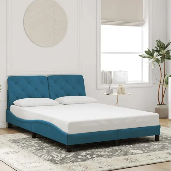 Velour sengeramme med sengegavl 140x190 cm - Blå