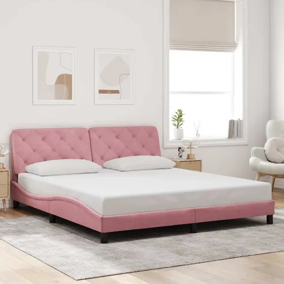 Sengeramme 180x200 cm i fløjl (pink) med polstret gavl