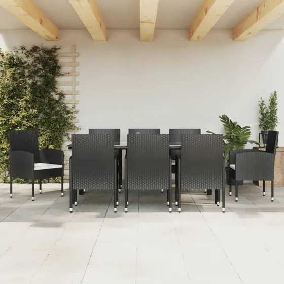 Spisebordssæt til haven 9 dele i polyrattan og stål, sort