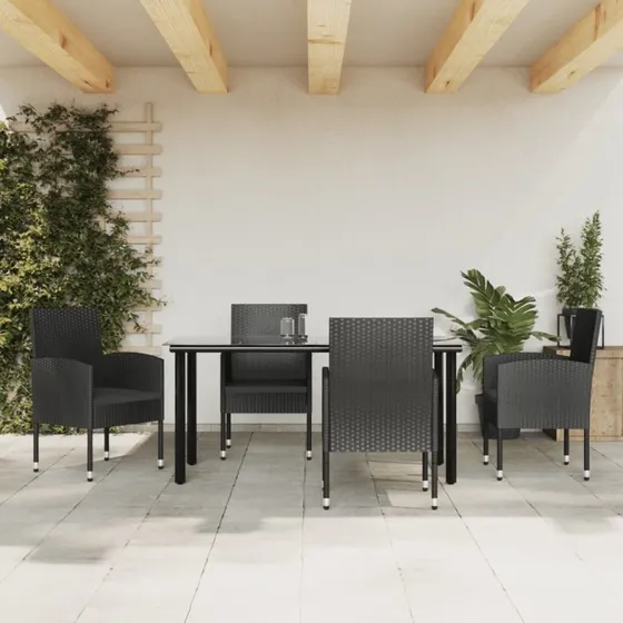 Spisebordssæt til haven 5 dele i sort polyrattan & stål