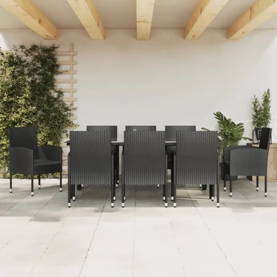 Spisebordssæt til haven 9 dele i sort polyrattan og stål