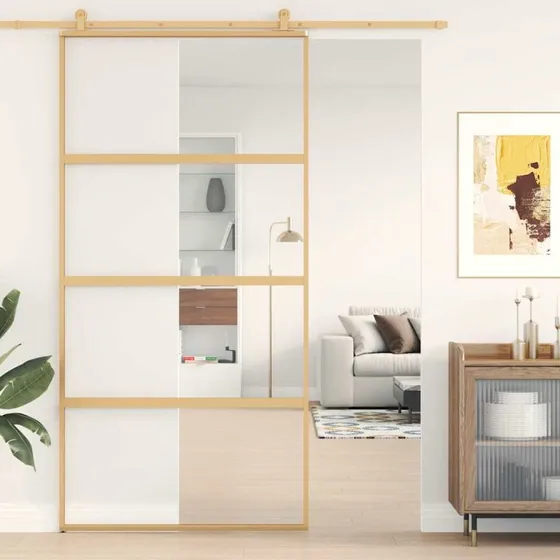 Skydedr 102,5x205 cm klar sikkerhedsglas, aluminium gylden