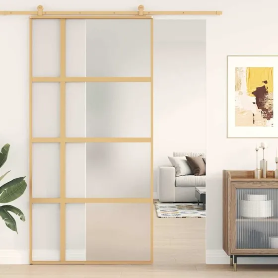 Skydedr 102,5x205 cm  matteret sikkerhedsglas, alu gylden