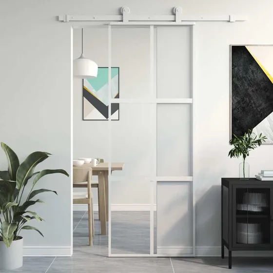 Skydedr 76x205 cm i hrdet glas og aluminium - hvid