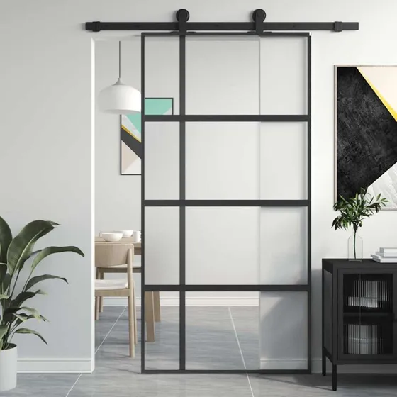 Skydedør 102,5x205 cm – Sort aluminium & hærdet glas