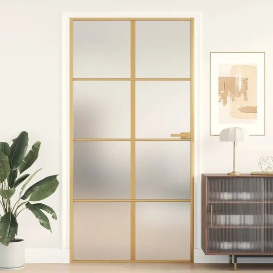 Indvendig aluminiumsdør 102,5×201,5 cm guldfarvet med hærdet glas