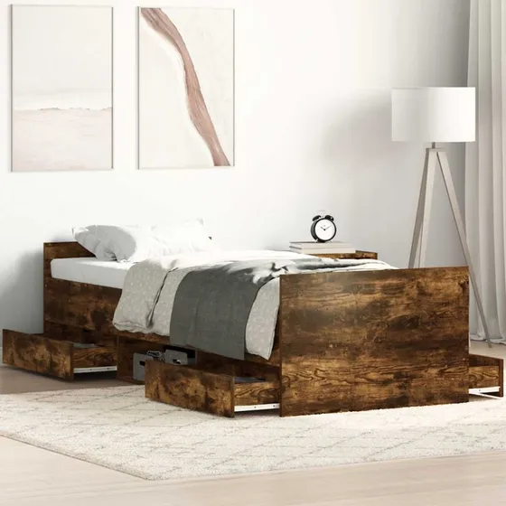 Sengeramme 90x190 cm i røget egetræ med gavl og opbevaring