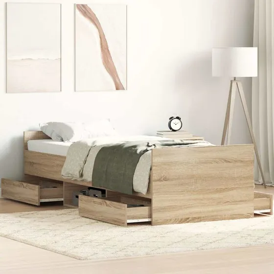 Sengeramme 75x190 cm med gavl og 4 skuffer - Sonoma-eg