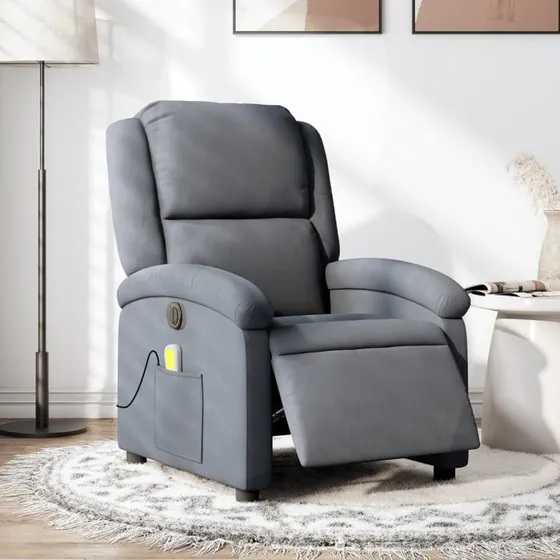 Massagestol i mørkegrå velour med elektrisk læn