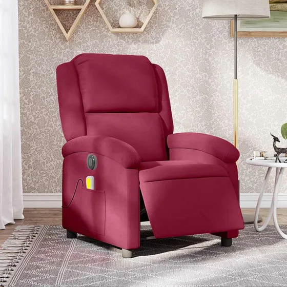 Massagestol i velour vinrød - elektrisk lænefunktion