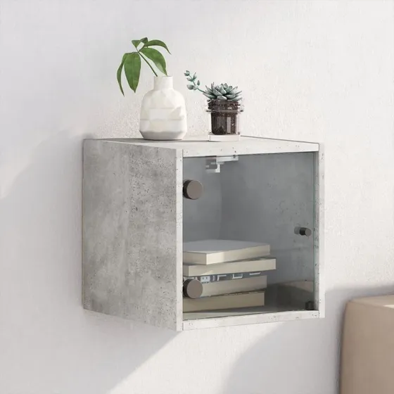 Væghængt sengebord med glaslåger 35x37x35 cm – betongrå