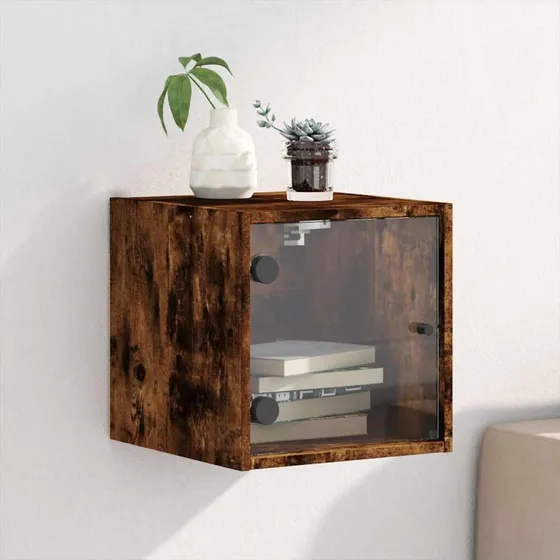 Væghængt sengebord med glaslåger 35x37x35 cm – røget egetræ