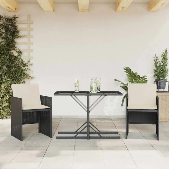 Bistrosæt 3 dele i sort polyrattan med hynder
