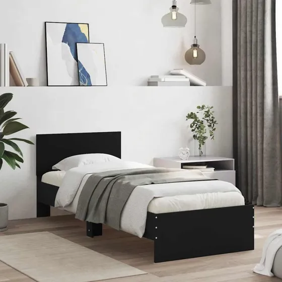 Sengeramme med sengegavl 75x190 cm - sort, konstrueret træ