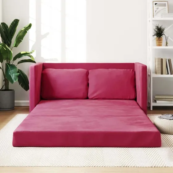 2-i-1 sovesofa i velour, vinrød 122x204x55 cm