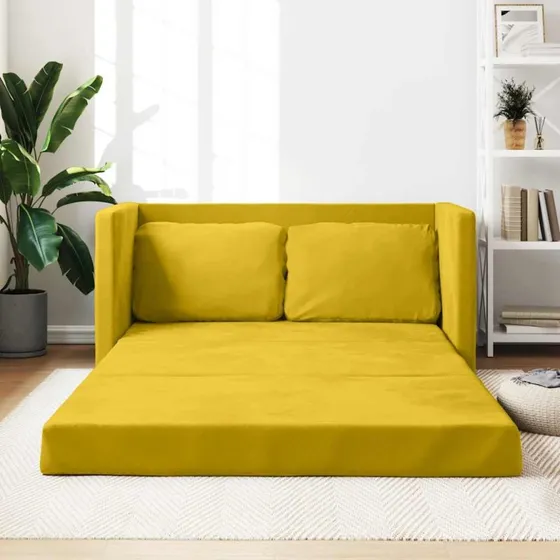 2-i-1 sovesofa i velour 122x204 cm – mørkegul