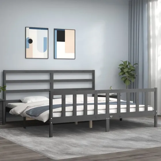 Sengeramme 200x200 cm i massivt fyrretræ med sengegavl - grå