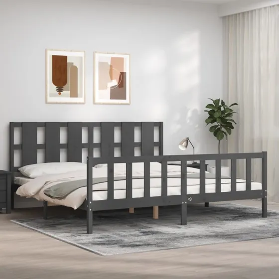 Sengeramme 200x200 cm i massivt fyrretræ med sengegavl, grå