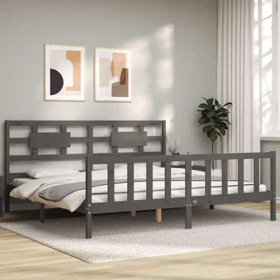 Sengeramme med sengegavl 200x200 cm i massivt træ (grå)