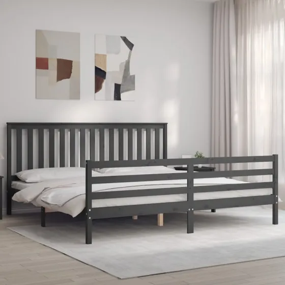 Sengeramme med sengegavl 200x200 cm i massivt fyrretræ, grå