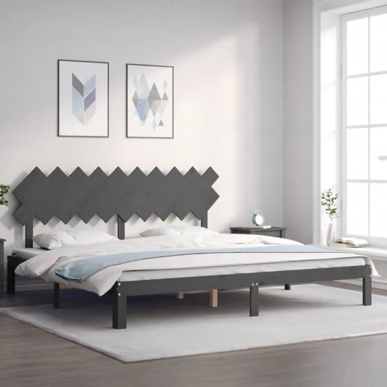 Sengeramme med sengegavl 200x200 cm i massivt fyrretræ, grå