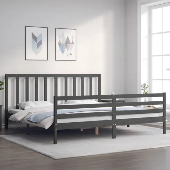 Sengeramme 200x200 cm i massivt fyrretræ – grå med sengegavl