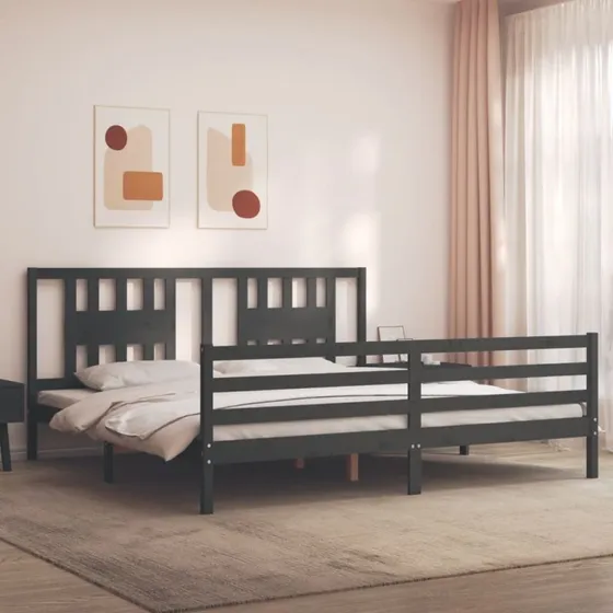 Sengeramme med sengegavl 200x200 cm i massivt fyrretræ, grå
