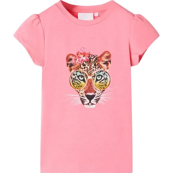 T-shirt til brn str. 92  neonpink med leopardhoved