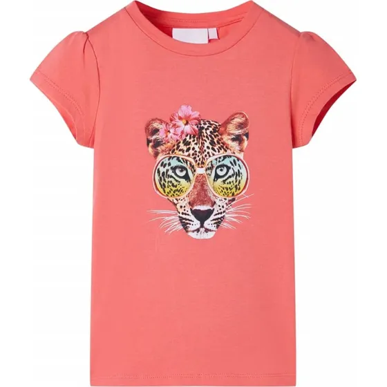 Koralfarvet T-shirt til børn str. 140 – Leopardprint