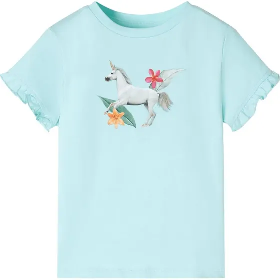 Brne-T-shirt str. 116 i aquabl med enhjrning & flser