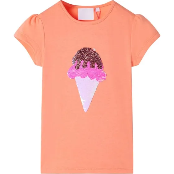 Børne T-shirt str. 116 neon-orange med vendbar paillet