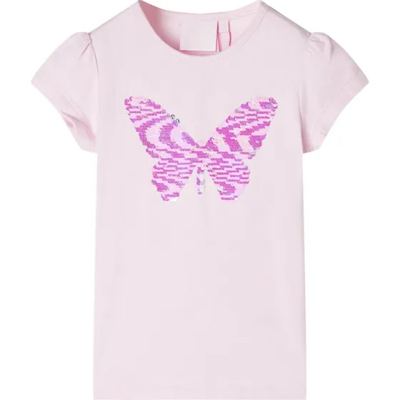 Lyserd brne-T-shirt str. 104 med paillet-sommerfugl